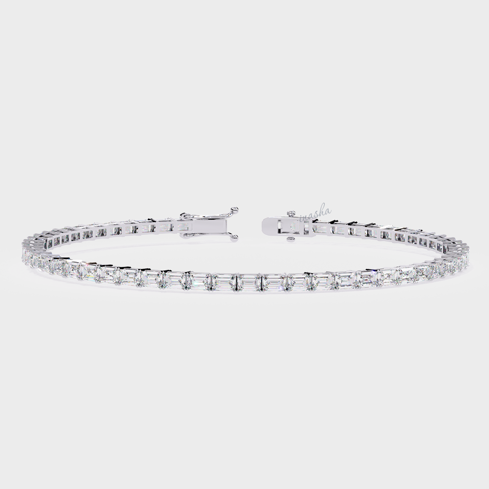 Certified GLI emerald cut lab grown diamond tennis bracelet in white gold and platinum